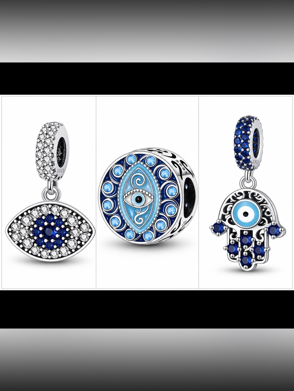 3 piece bundle Sterling Silver Blue Evil Eye Charm Bead Pandora style
